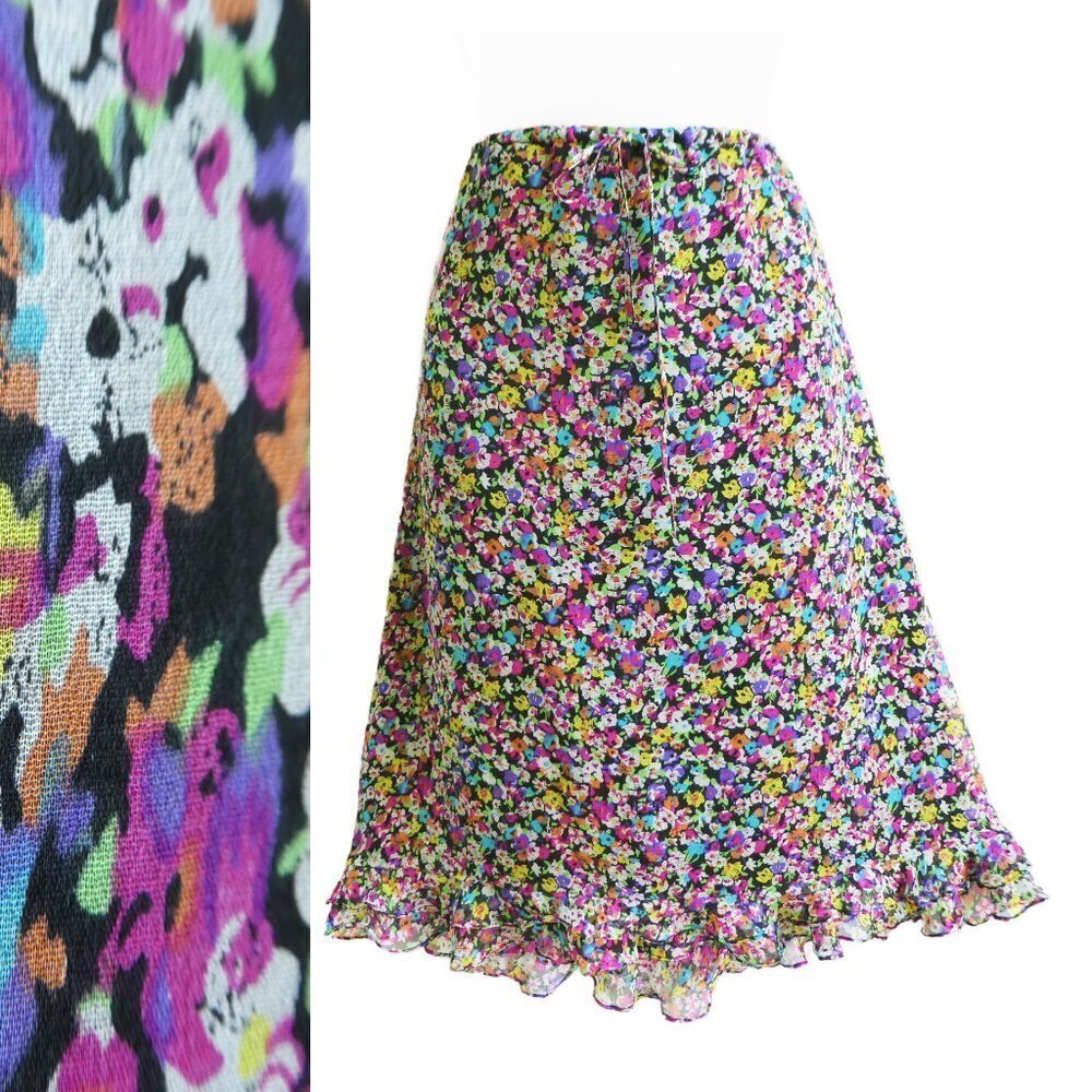 Silk Vintage Floral Midi Skirt Lined Ruffled Hem A Line Elastic Pull On Waist